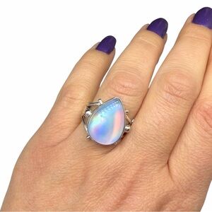 Aurora Fire Opal Ring Size 7.5 Solid 925 Sterling Silver Aura Iridescent